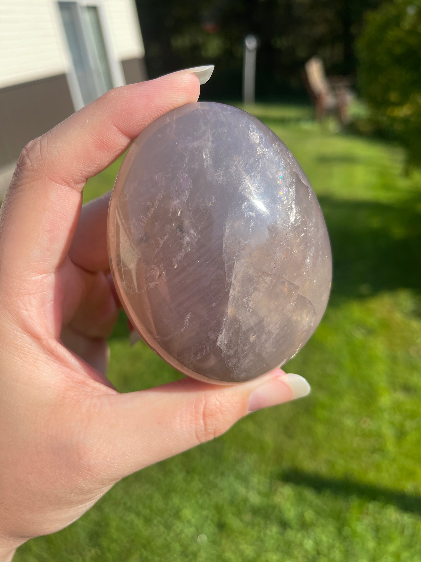 Blue Rose Quartz Palmstone with Double Asterism and Rainbows from Madagascar