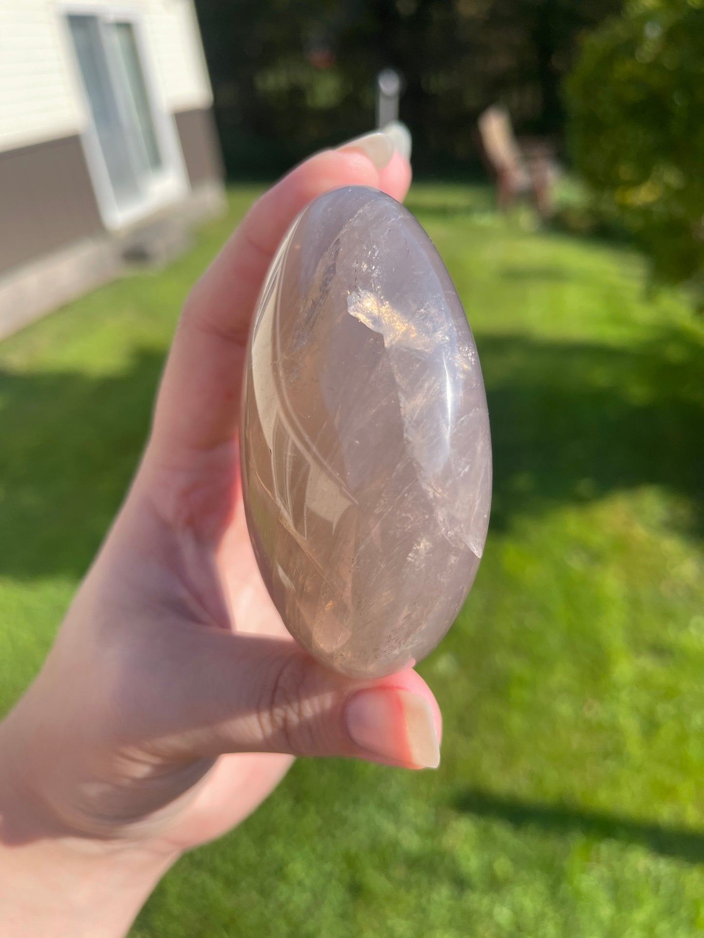 Blue Rose Quartz Palmstone with Double Asterism and Rainbows from Madagascar