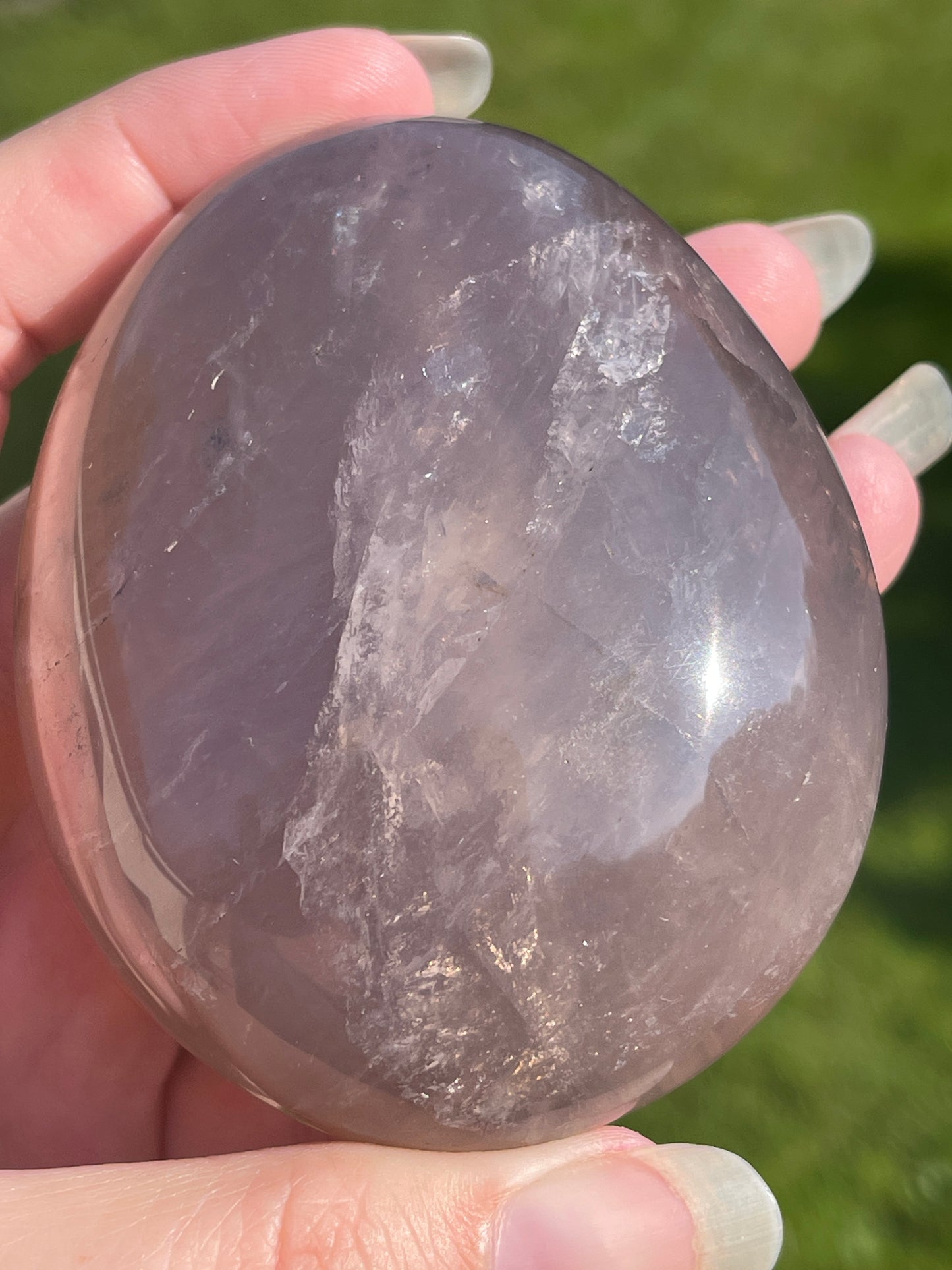 Blue Rose Quartz Palmstone with Double Asterism and Rainbows from Madagascar